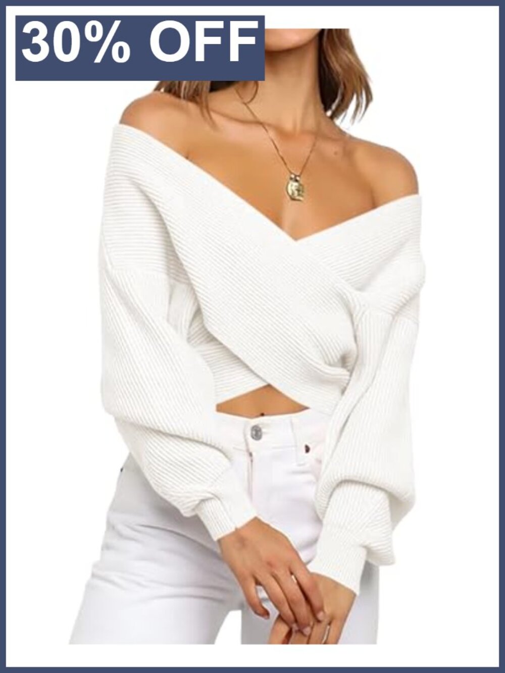 Off Shoulder Cropped Sweater Criss Cross Wrap V Neck Lantern Sleeve Ribbed Knit